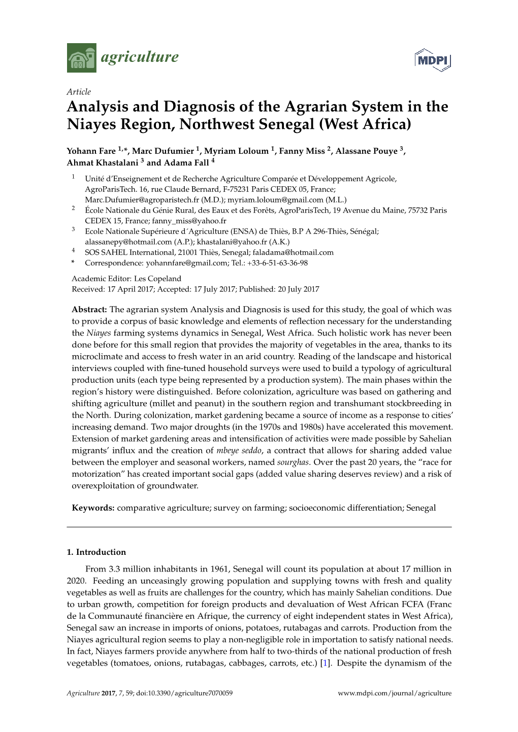 Analysis and Diagnosis of the Agrarian System in the Niayes Region, Northwest Senegal (West Africa)