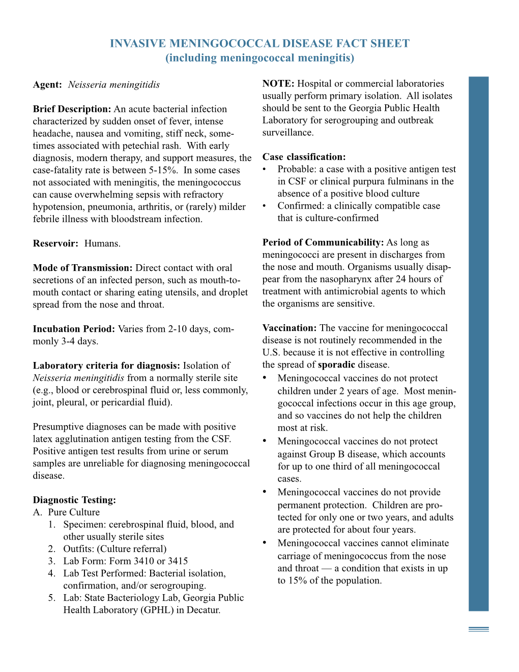 MENINGOCOCCAL DISEASE FACT SHEET (Including Meningococcal Meningitis)