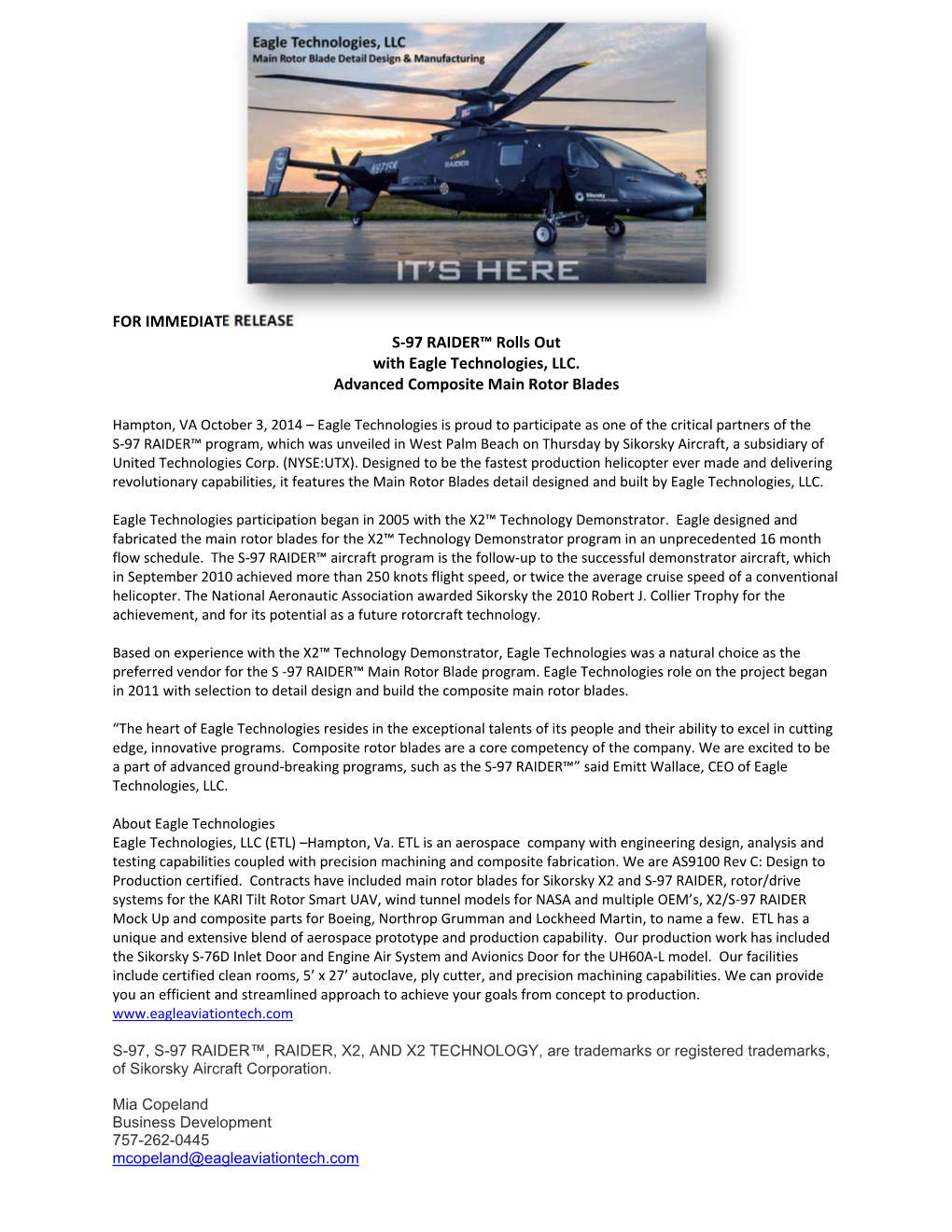 FOR IMMEDIATE RELEASE S-97 RAIDER™ Rolls out with Eagle