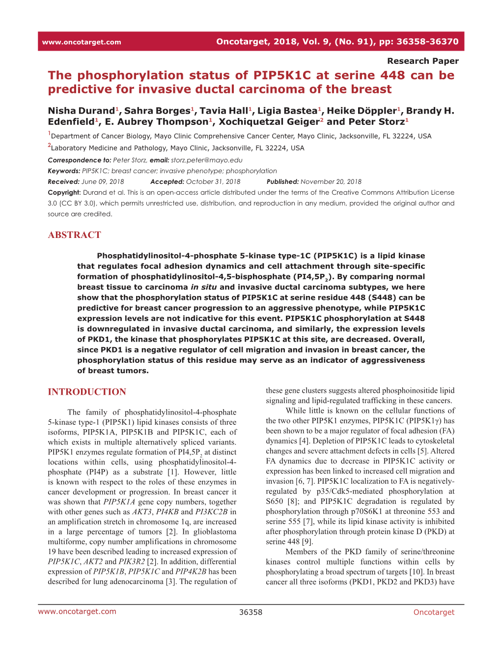 The Phosphorylation Status of PIP5K1C at Serine 448 Can Be Predictive for Invasive Ductal Carcinoma of the Breast