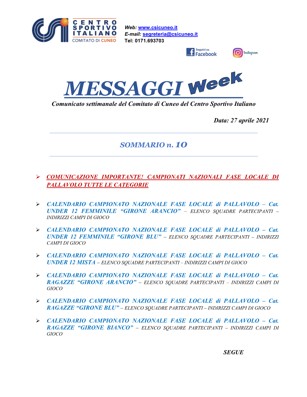 MESSAGGI Comunicato Settimanale Del Comitato Di Cuneo Del Centro Sportivo Italiano Data: 27 Aprile 2021