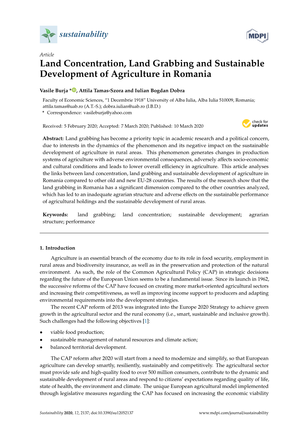 Land Concentration, Land Grabbing and Sustainable Development of Agriculture in Romania