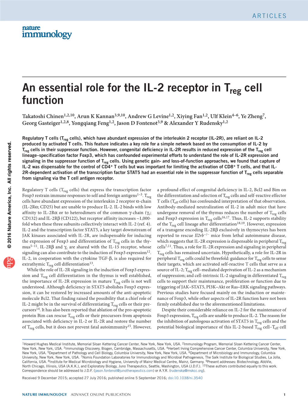 An Essential Role for the IL-2 Receptor in Treg Cell Function