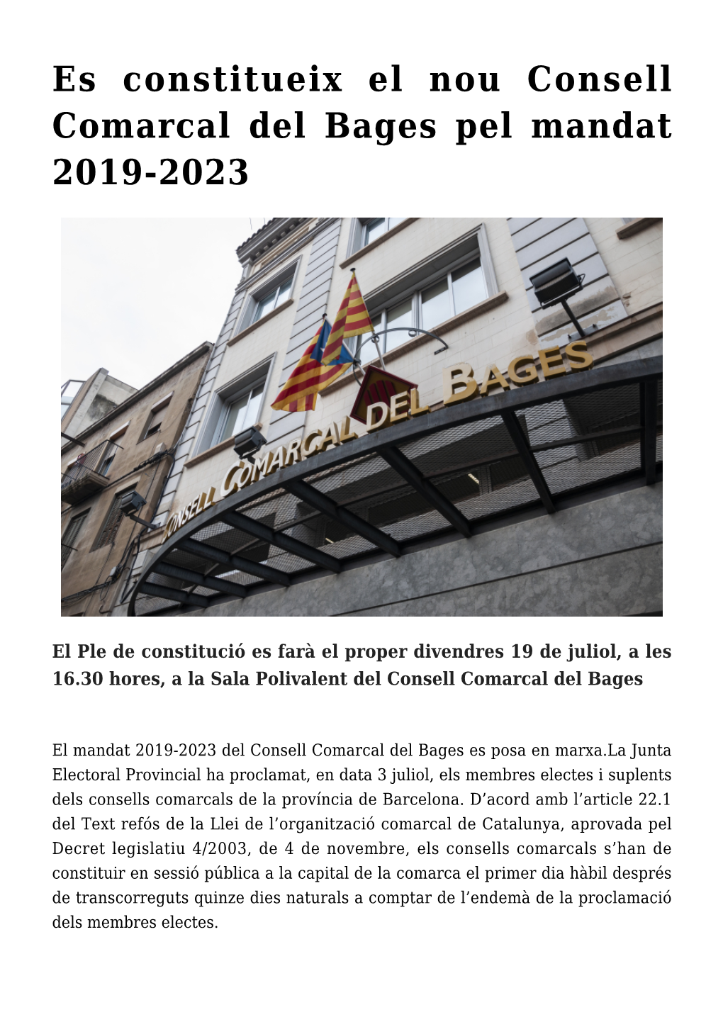 Es Constitueix El Nou Consell Comarcal Del Bages Pel Mandat 2019-2023