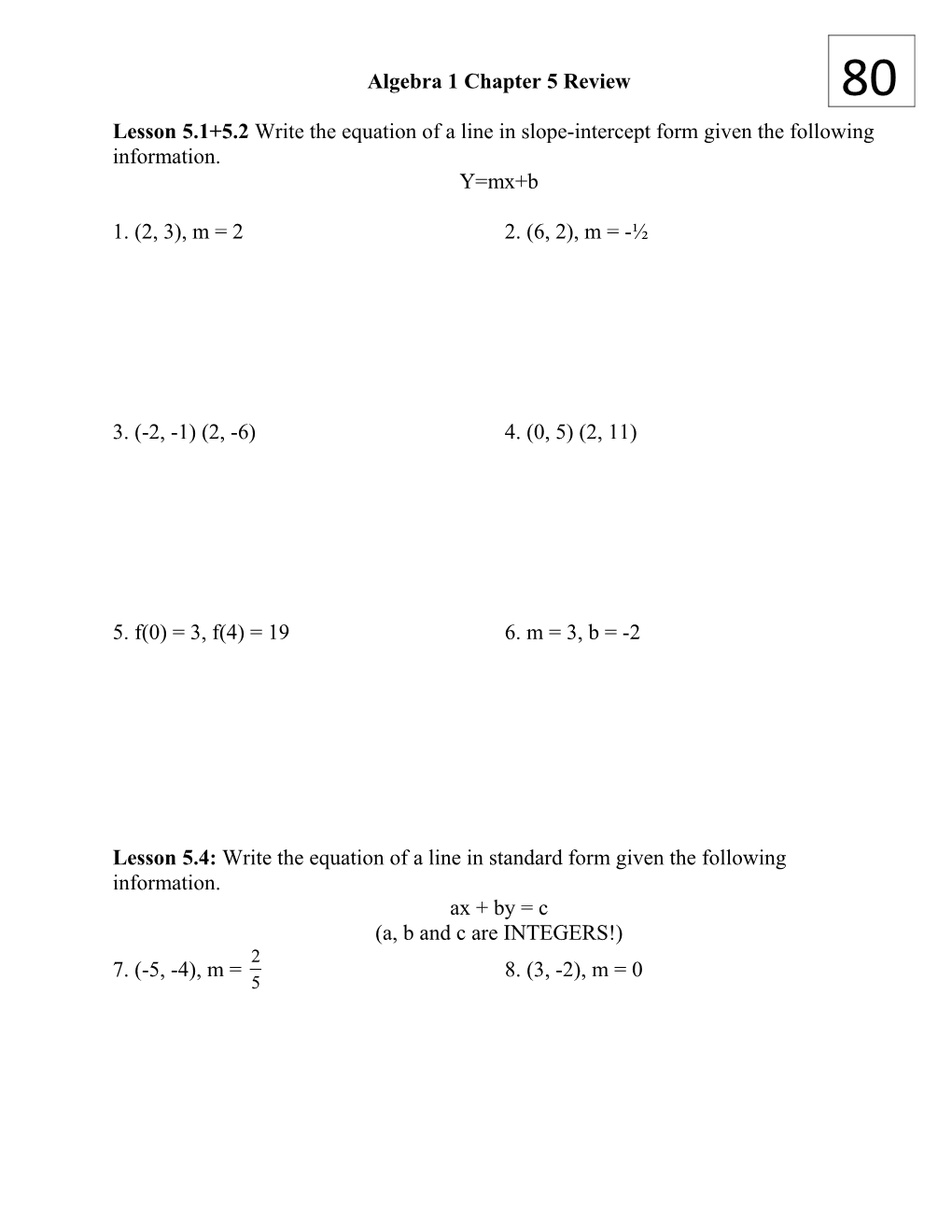 Algebra 1 Chapter 5 Review