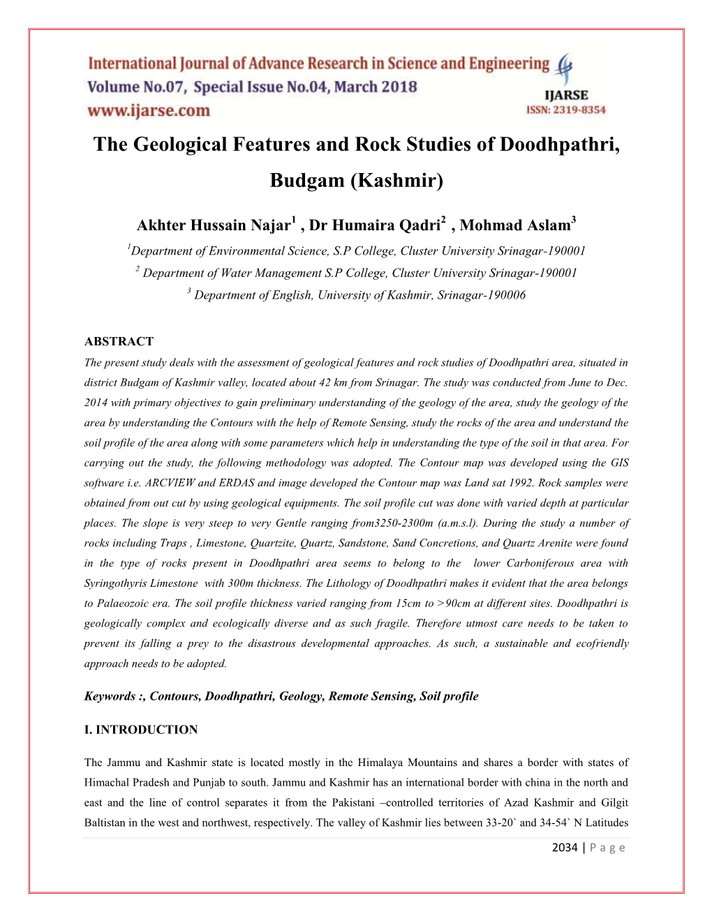 The Geological Features and Rock Studies of Doodhpathri, Budgam (Kashmir)