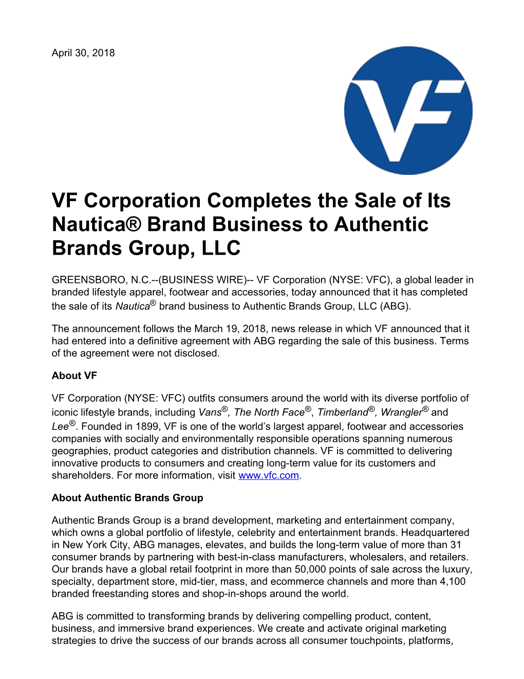 VF Corporation Completes the Sale of Its Nautica® Brand Business to Authentic Brands Group, LLC