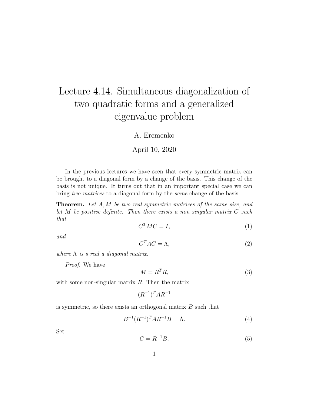 Lecture 4.14. Simultaneous Diagonalization of Two Quadratic Forms and a Generalized Eigenvalue Problem