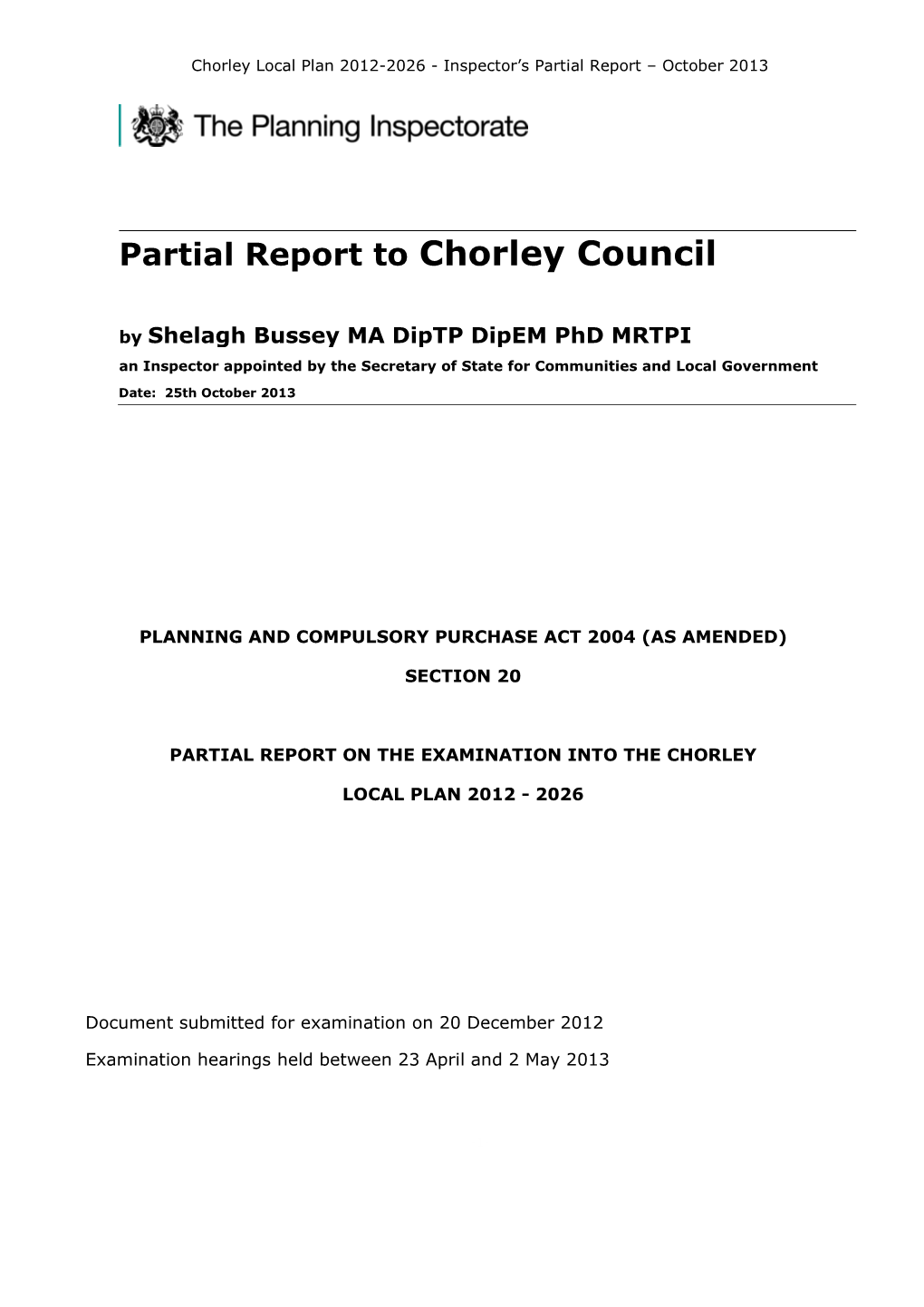 Chorley Local Plan Inspector's Partial Report October