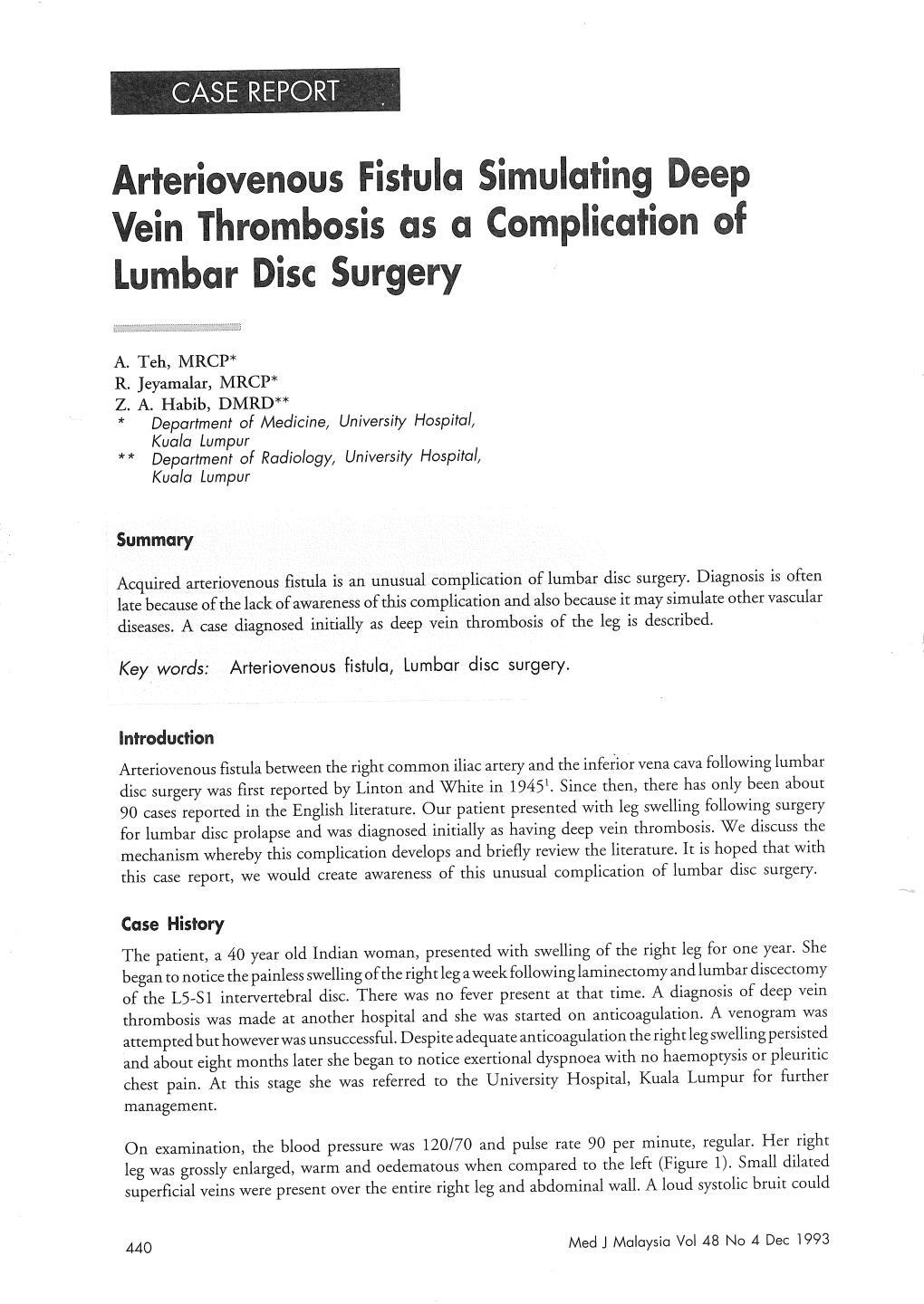 Arteriovenous Fistula Simulating Deep Vein Thrombosis As a Complication of Lumbar Disc Surgery