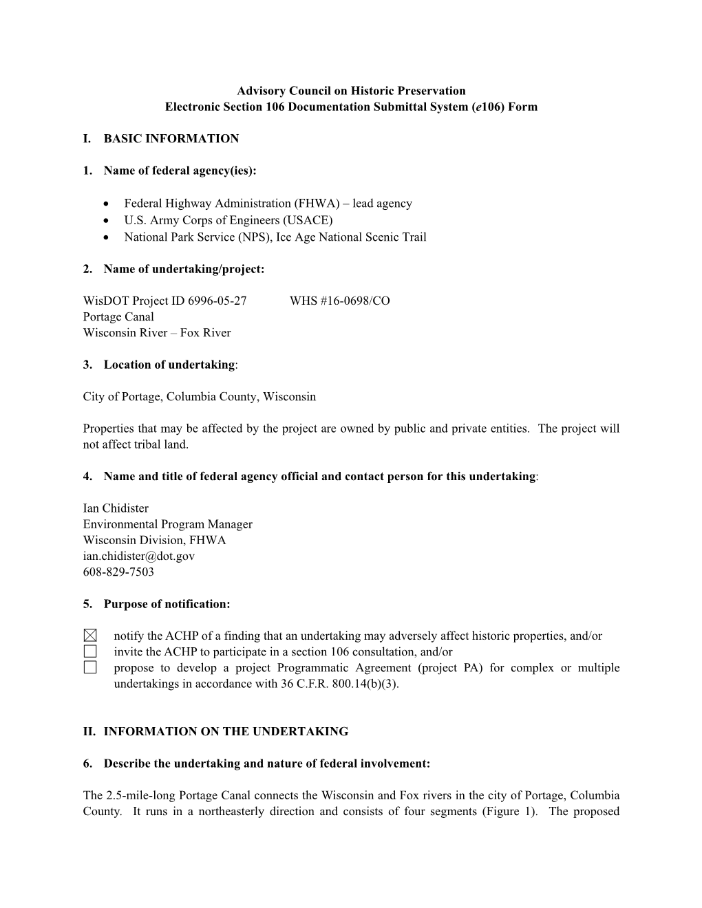 Advisory Council on Historic Preservation Electronic Section 106 Documentation Submittal System (E106) Form