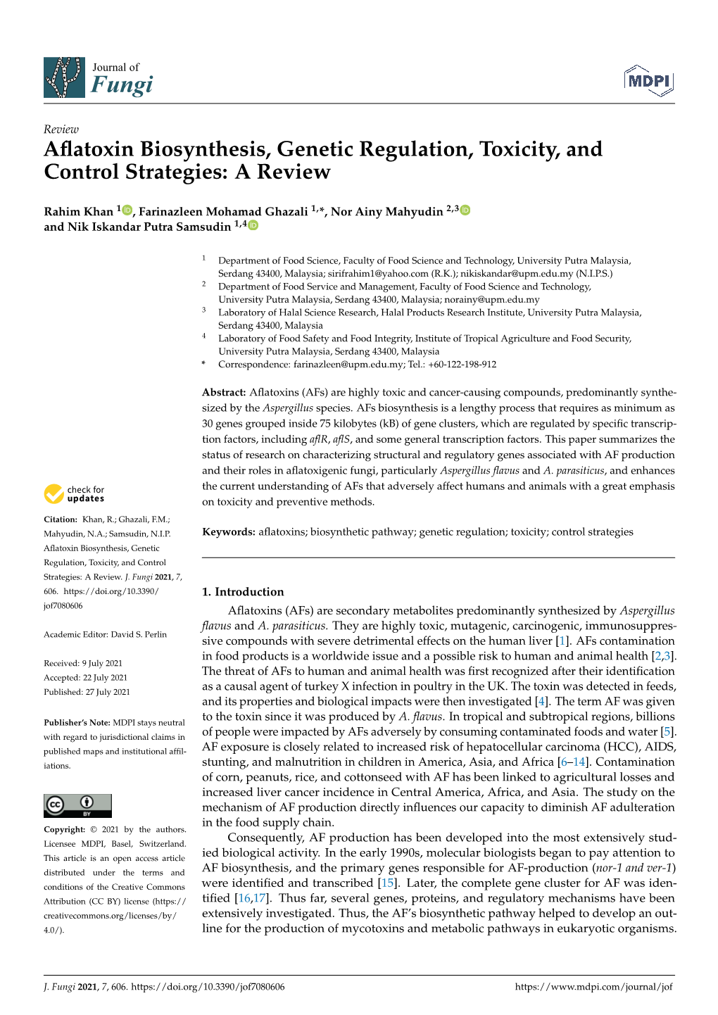 Aflatoxin Biosynthesis, Genetic Regulation, Toxicity, And