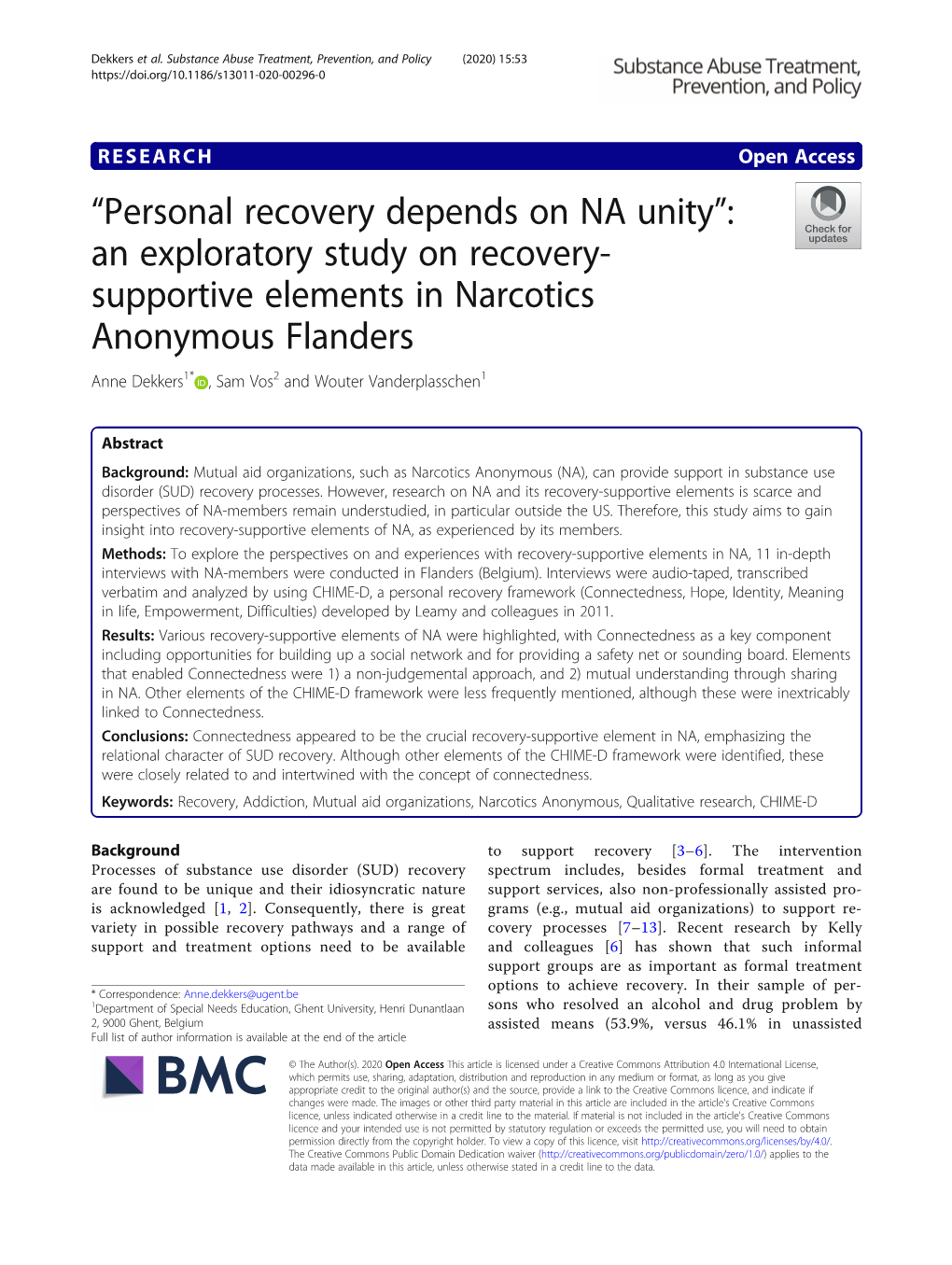 An Exploratory Study on Recovery-Supportive Elements in Narcotics Anonymous Flander