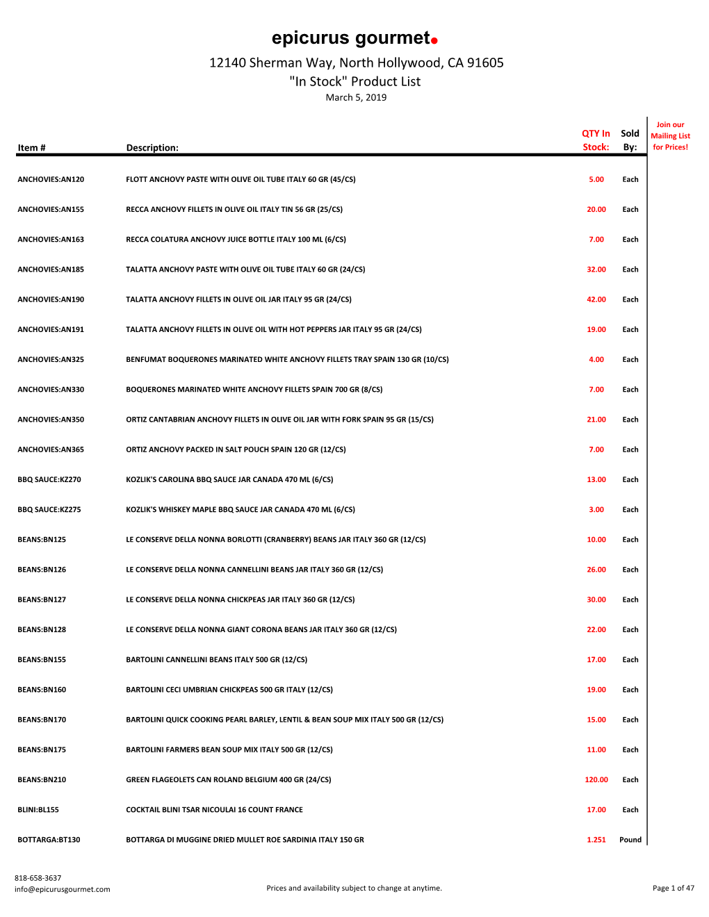 Epicurus Gourmet. 12140 Sherman Way, North Hollywood, CA 91605 "In Stock" Product List March 5, 2019