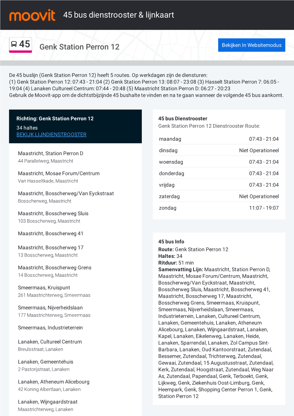 45 Bus Dienstrooster & Lijnroutekaart