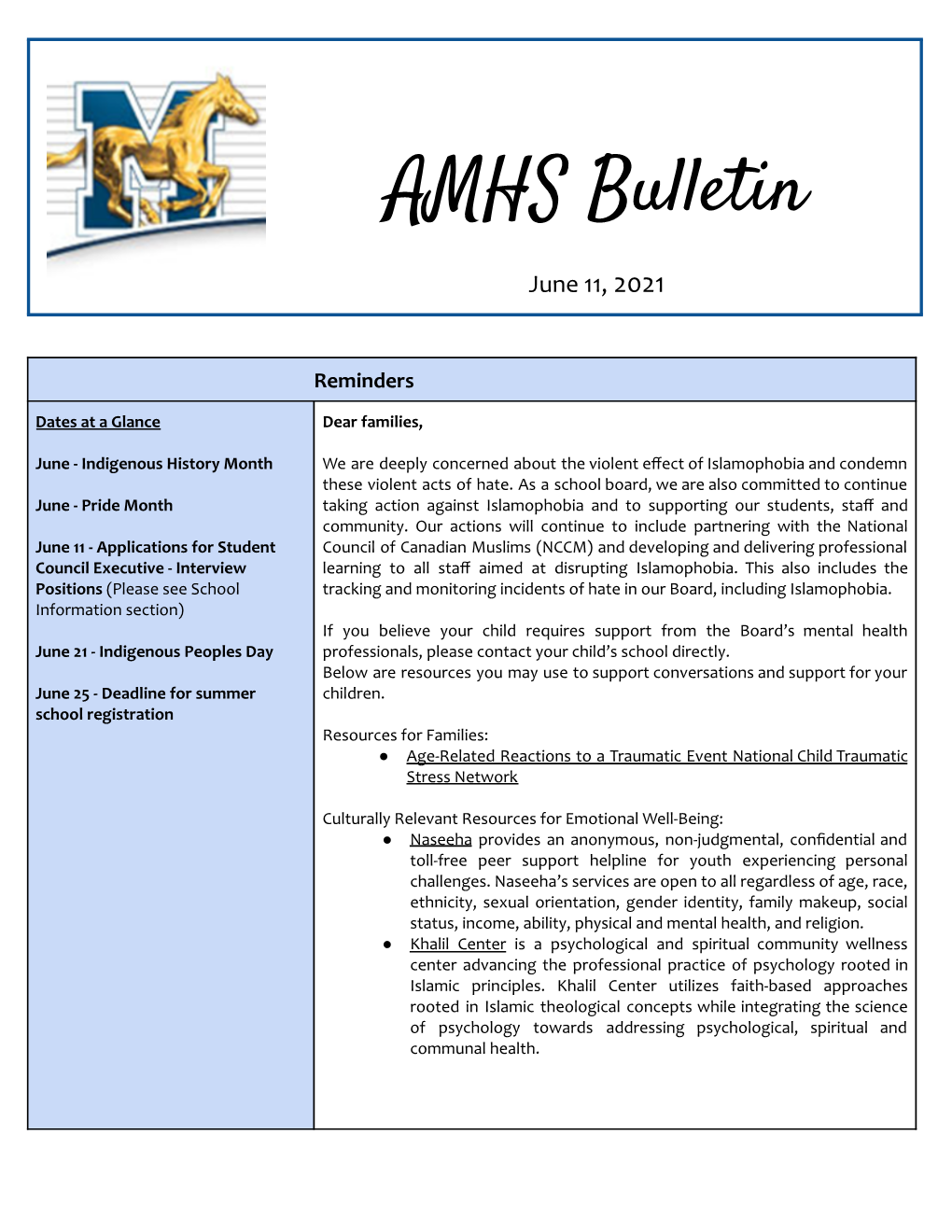 AMHS Bulletin June 11, 2021