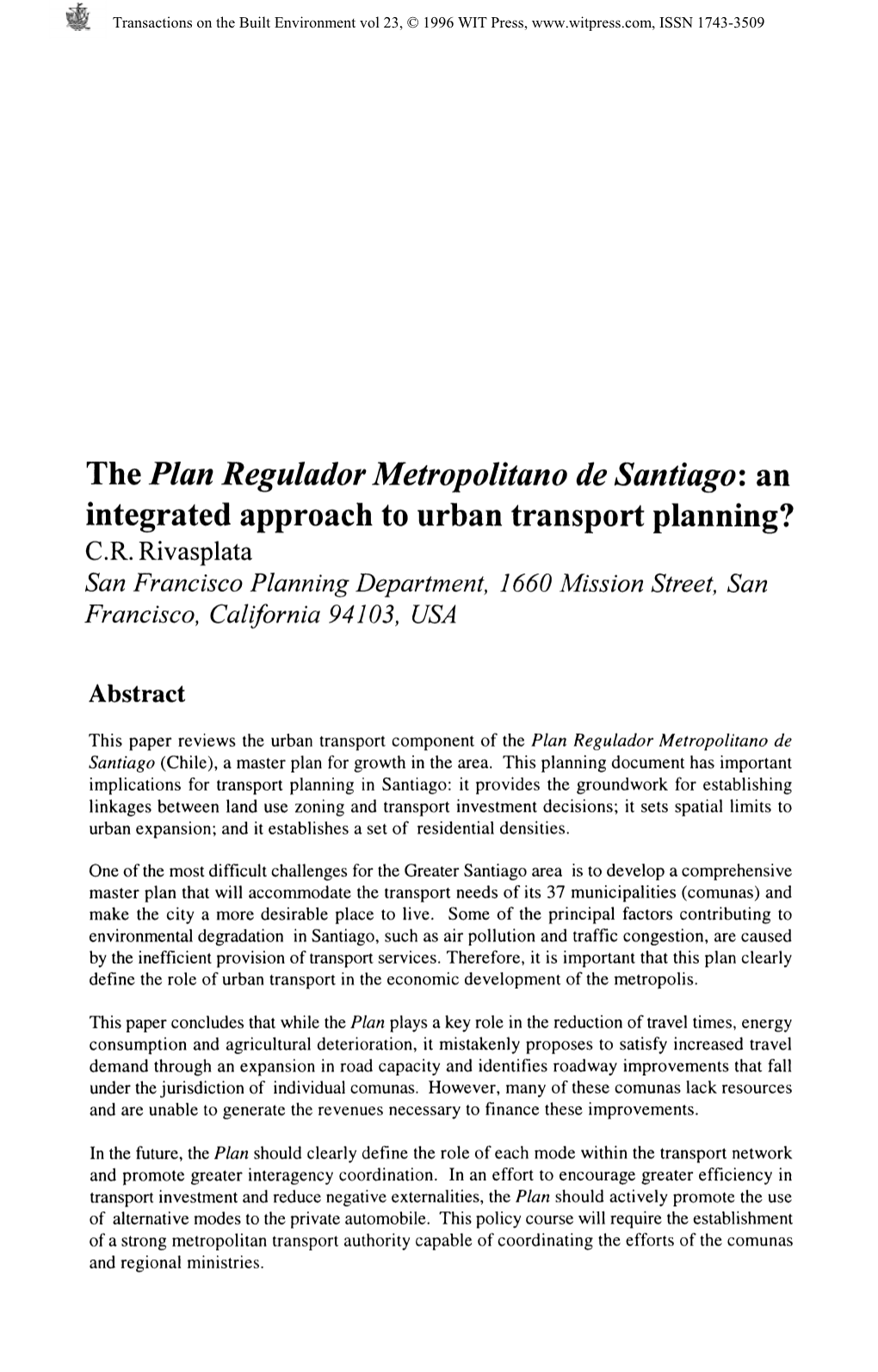 The Plan Regulador Metropolitano De Santiago: An