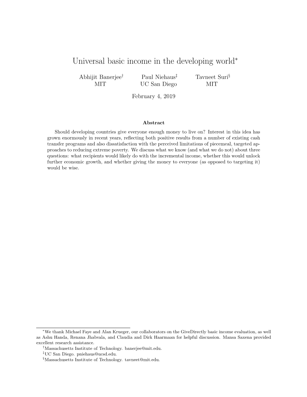 Universal Basic Income in the Developing World∗