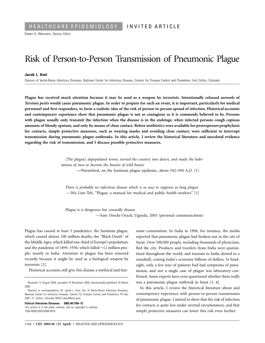 Risk of Person-To-Person Transmission of Pneumonic Plague