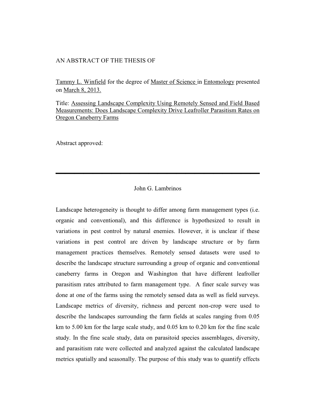 Assessing Landscape Complexity Using Remotely Sensed and Field