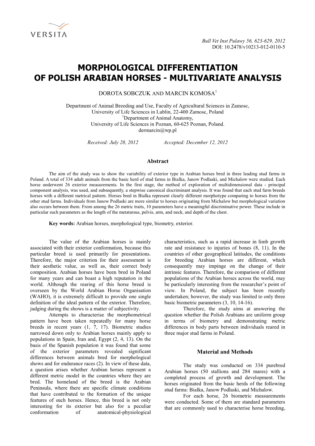 Morphological Differentiation of Polish Arabian Horses - Multivariate Analysis