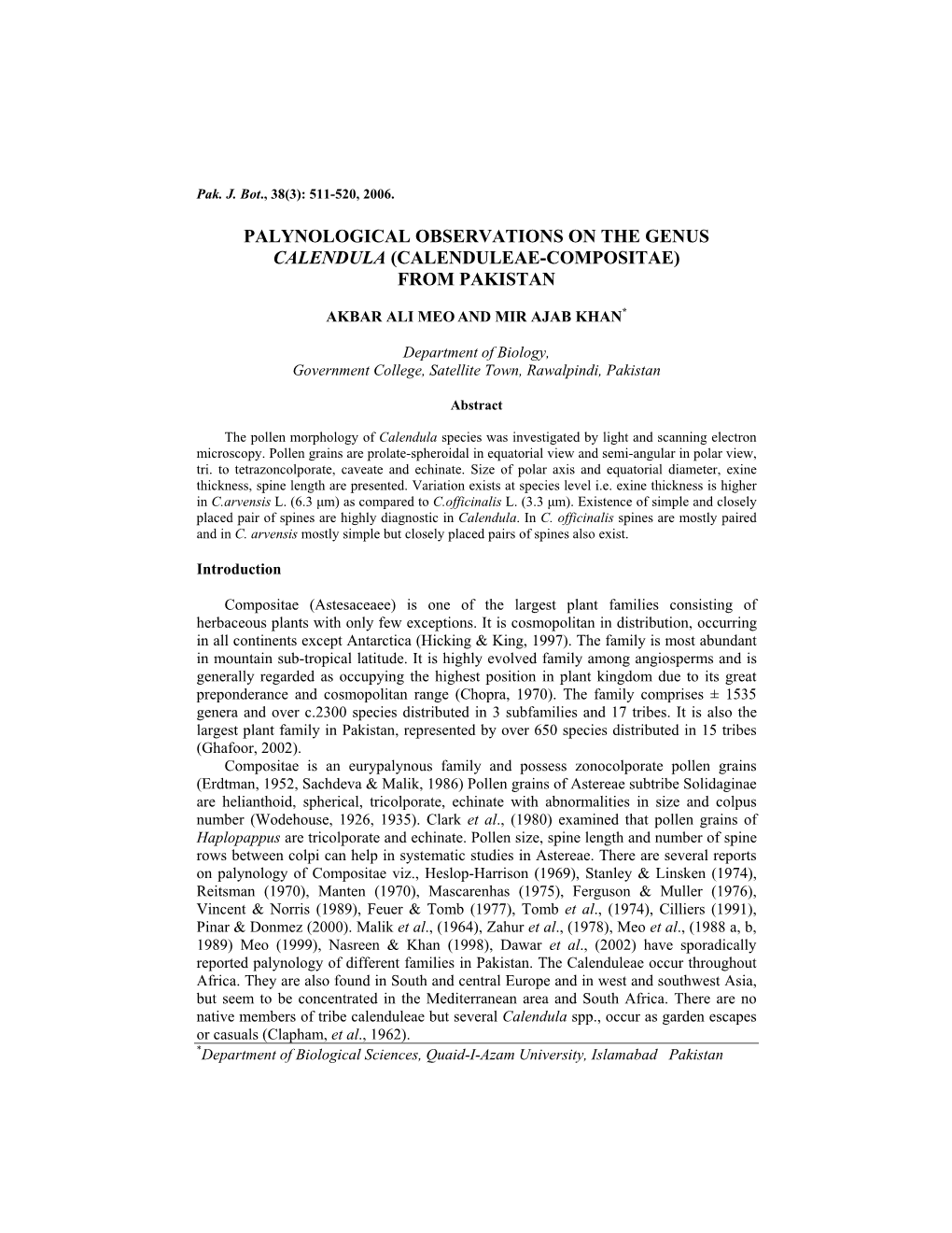 Palynological Observations on the Genus Calendula (Calenduleae-Compositae) from Pakistan