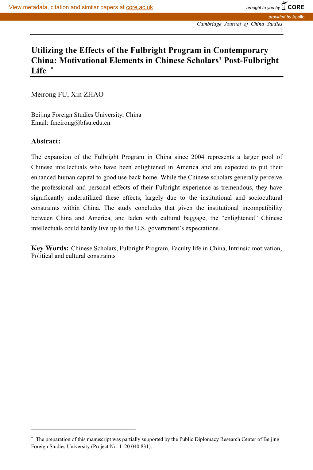Impact of the Fulbright Program on Chinese Academics' Competence