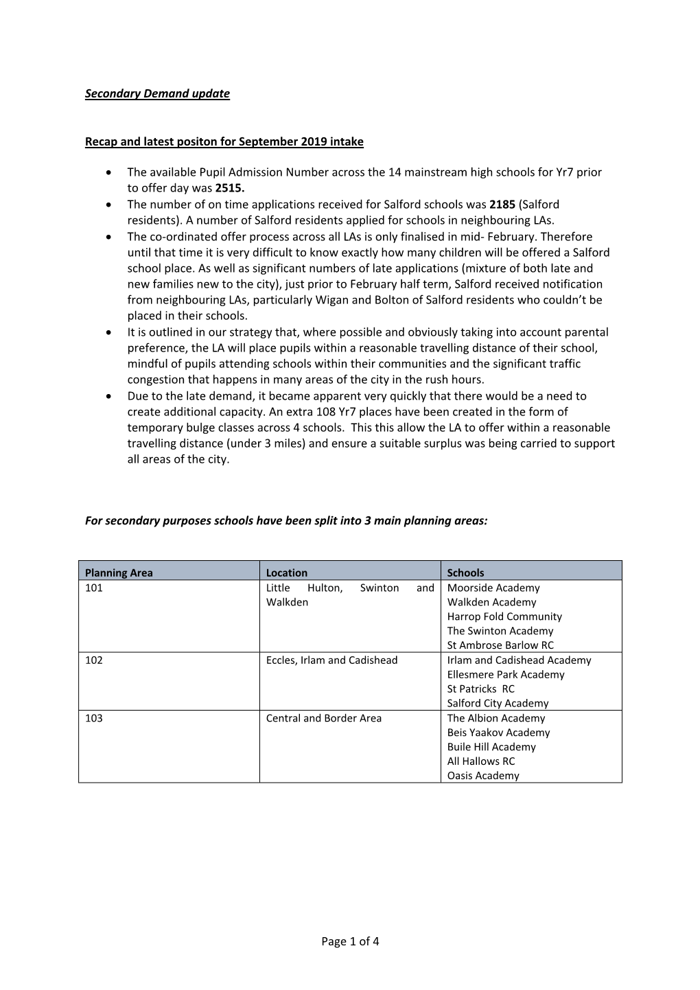 Page 1 of 4 Secondary Demand Update Recap and Latest Positon for September 2019 Intake • the Available Pupil Admission Number