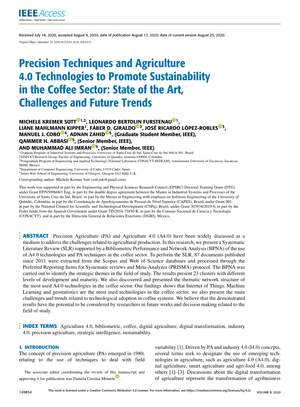 Precision Techniques and Agriculture 4.0 Technologies to Promote Sustainability in the Coffee Sector: State of the Art, Challenges and Future Trends