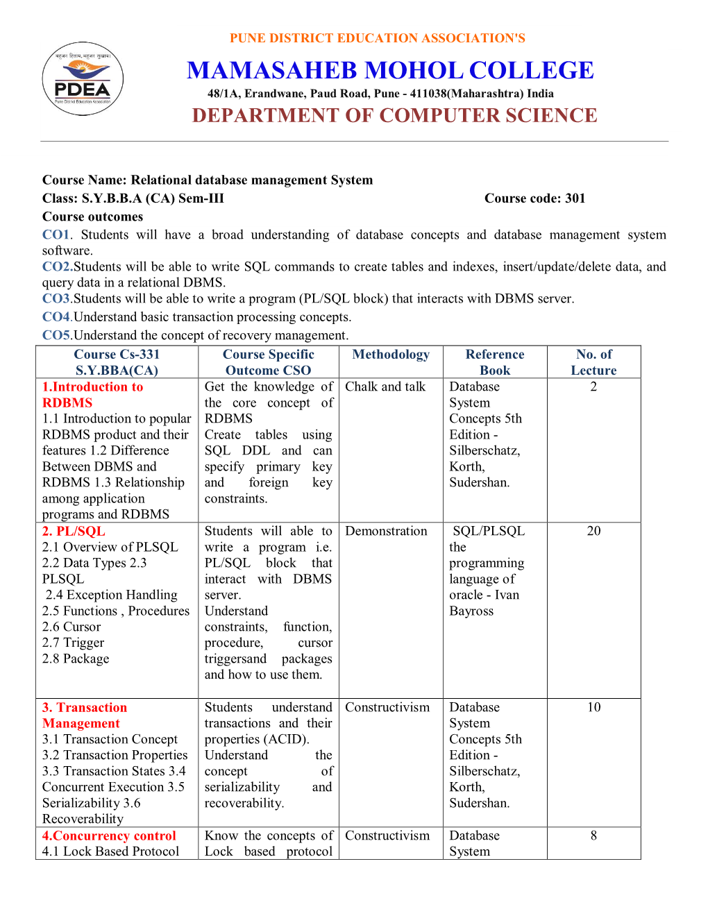 MAMASAHEB MOHOL COLLEGE 48/1A, Erandwane, Paud Road, Pune - 411038(Maharashtra) India DEPARTMENT of COMPUTER SCIENCE