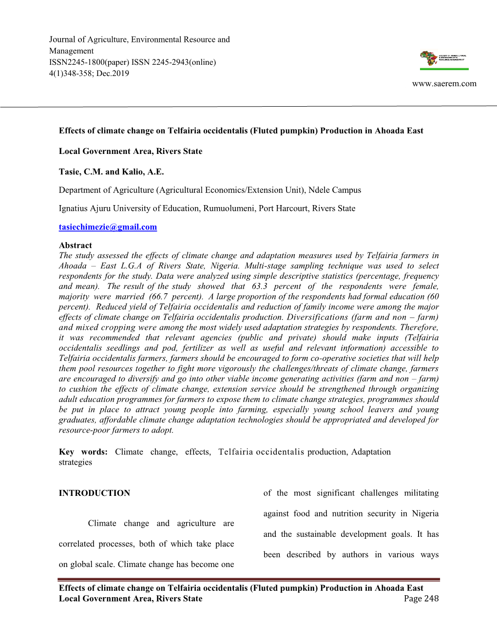 Effects of Climate Change on Telfairia Occidentalis (Fluted Pumpkin) Production in Ahoada East