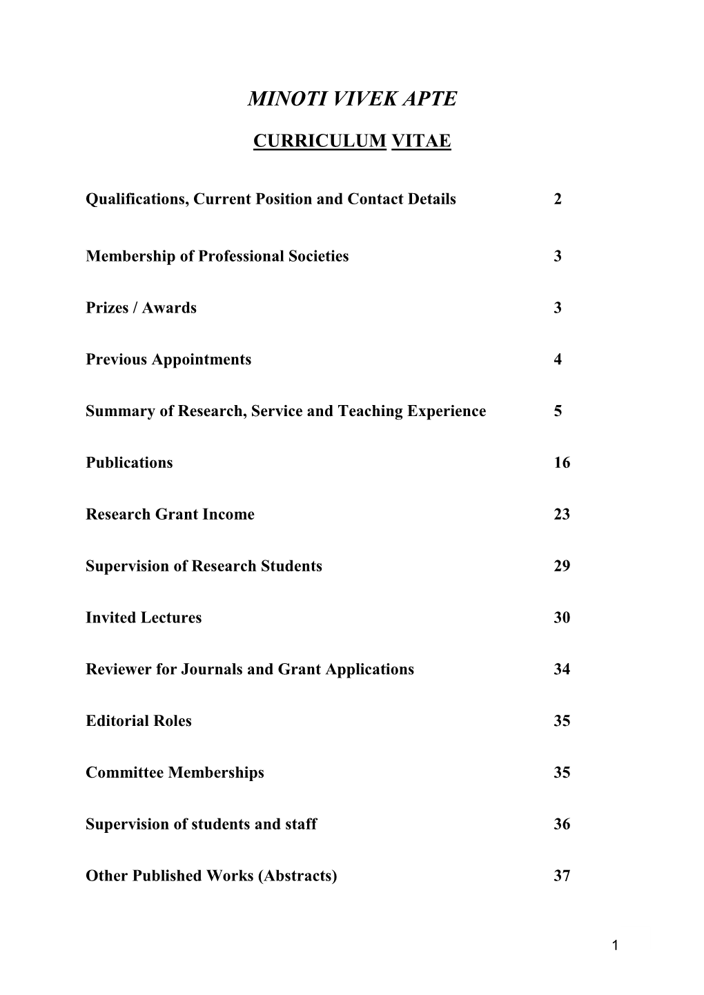 Minoti Vivek Apte: Curriculum Vitae