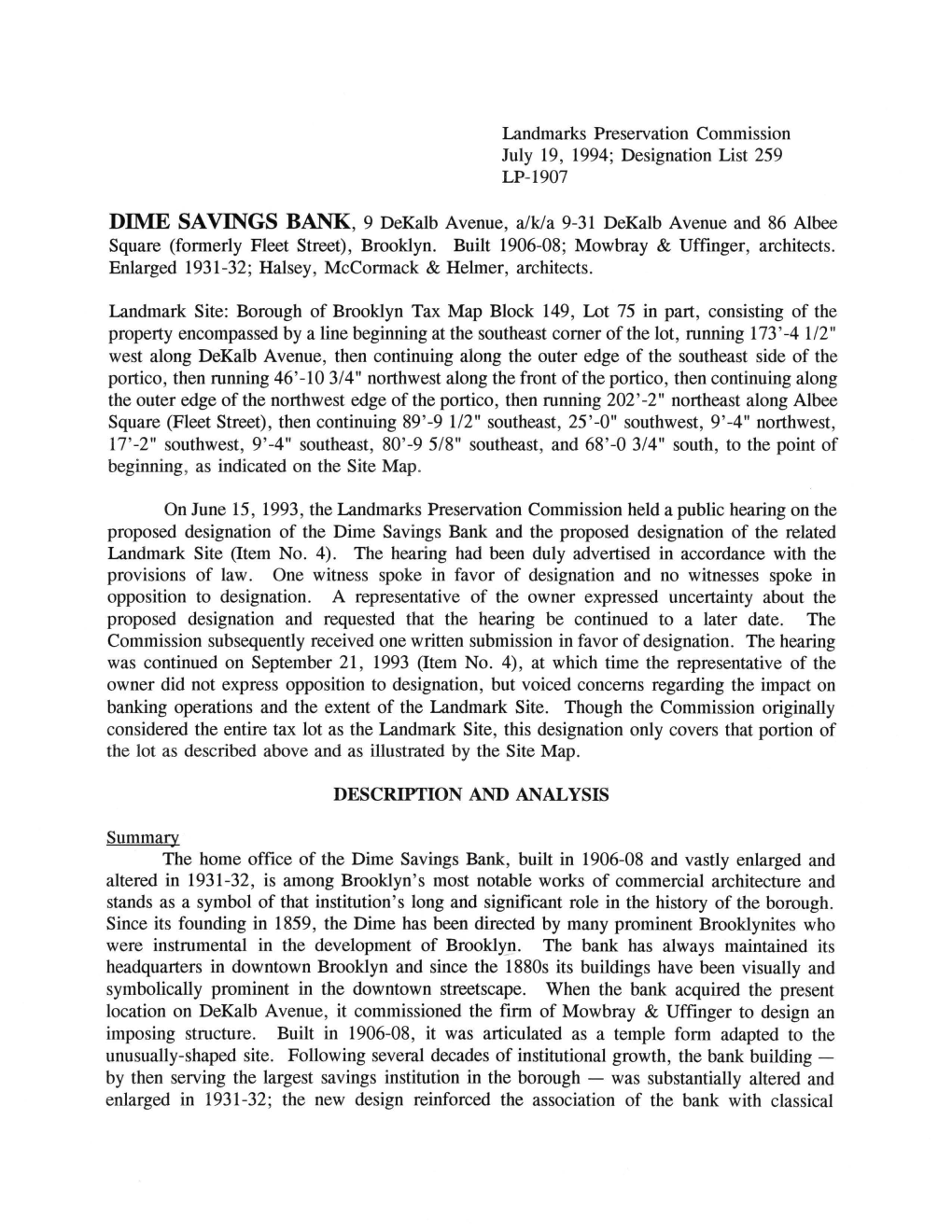 Dime Savings Bank and the Proposed Designation of the Related Landmark Site (Item No