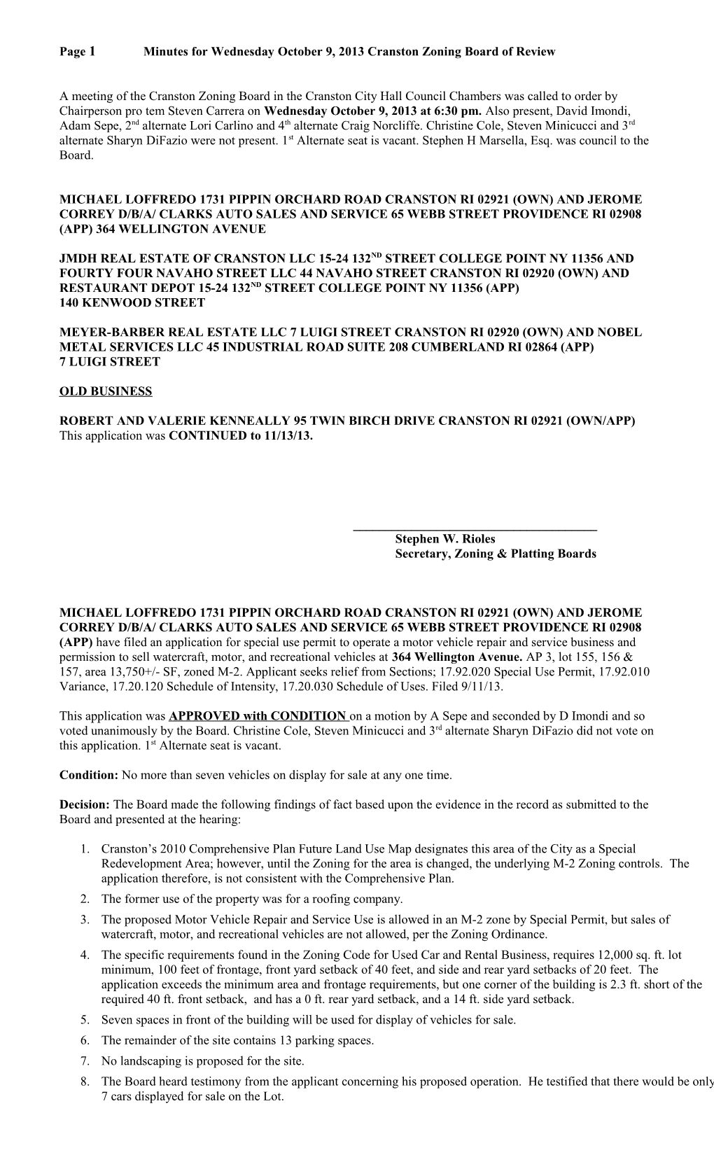 Page 1 Minutes for Wednesday October 9, 2013 Cranston Zoning Board of Review