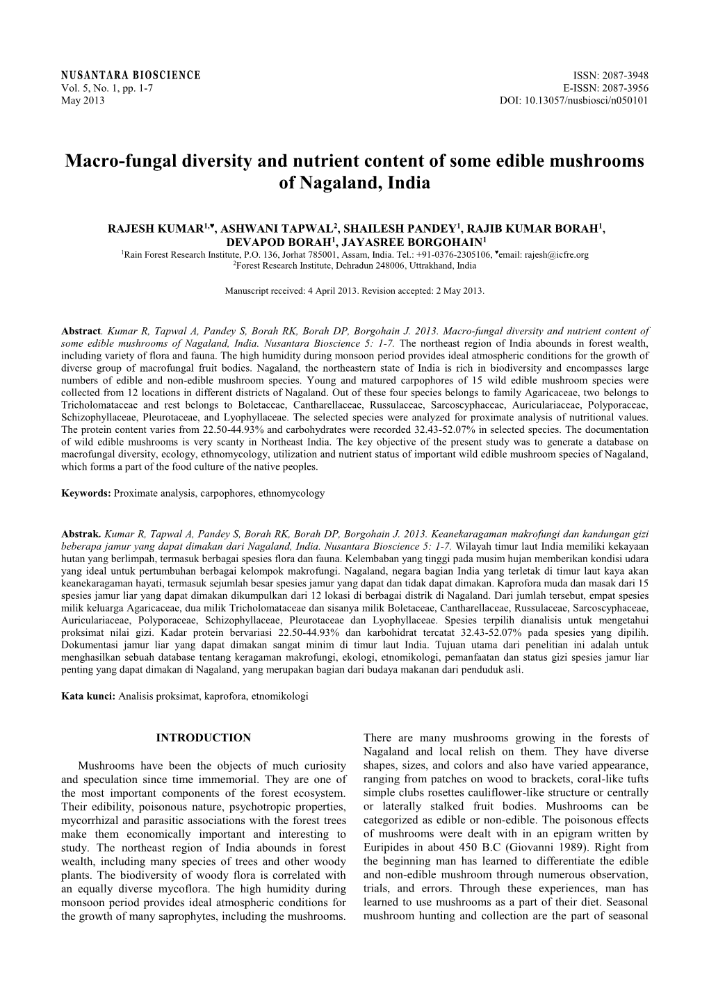 Macro-Fungal Diversity and Nutrient Content of Some Edible Mushrooms of Nagaland, India