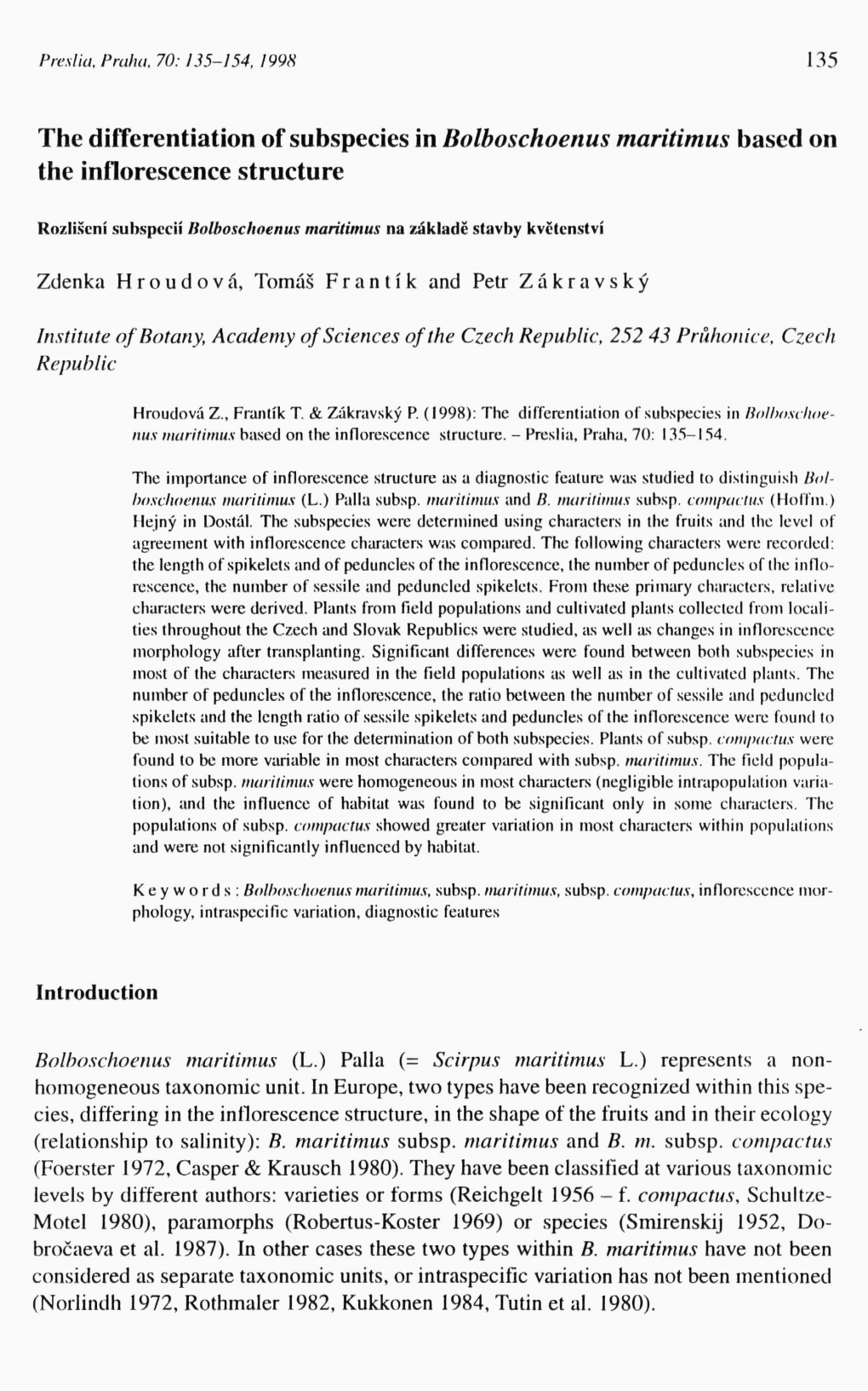 The Differentiation of Subspecies in Bolboschoenus Maritimus Based on the Inflorescence Structure