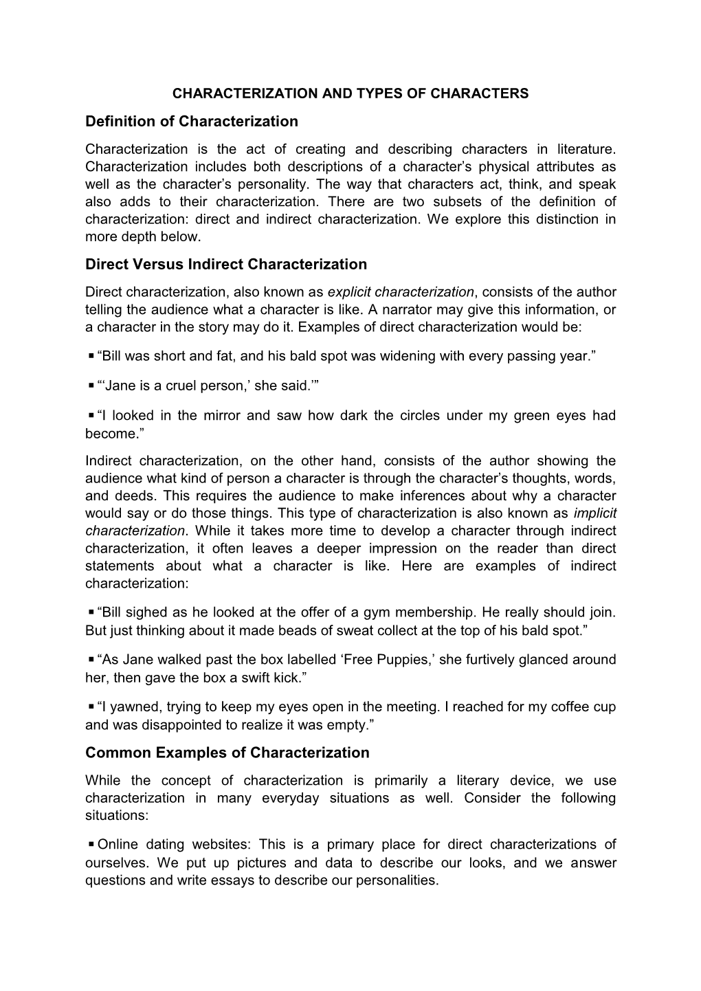 Definition of Characterization Direct Versus Indirect Characterization