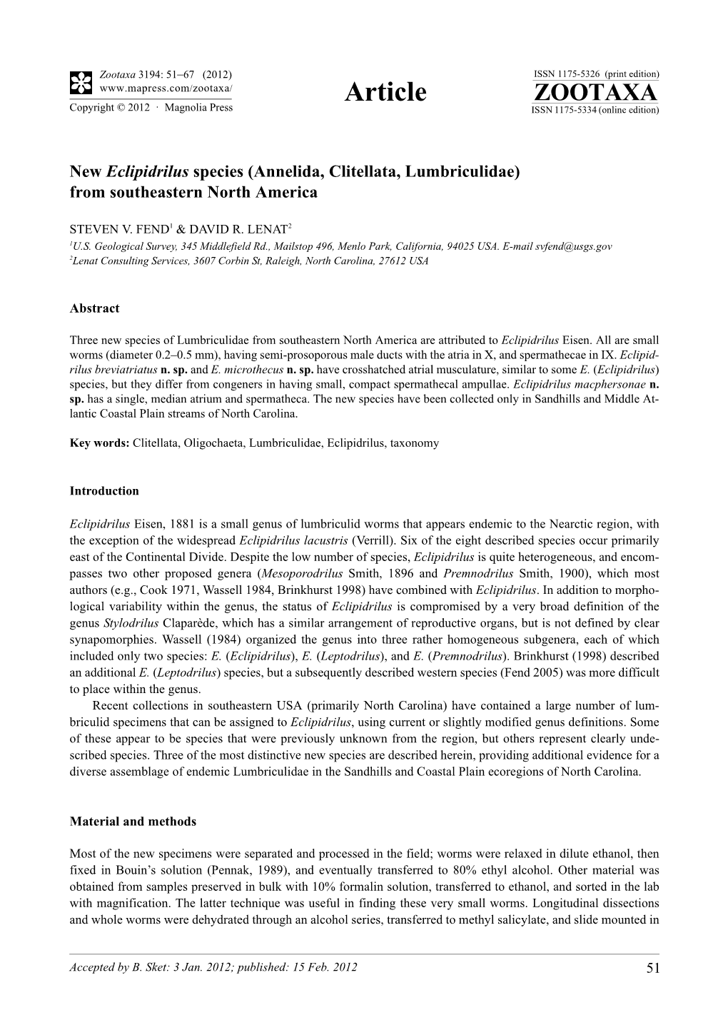 New Eclipidrilus Species (Annelida, Clitellata, Lumbriculidae) from Southeastern North America