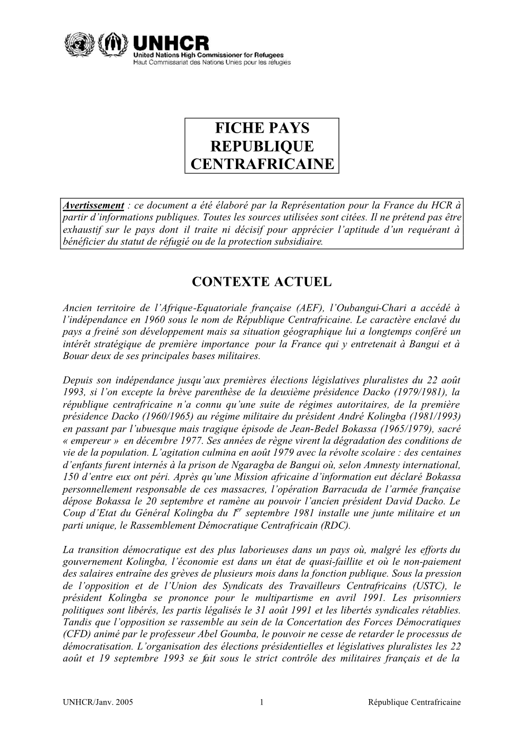 Fiche Pays Republique Centrafricaine