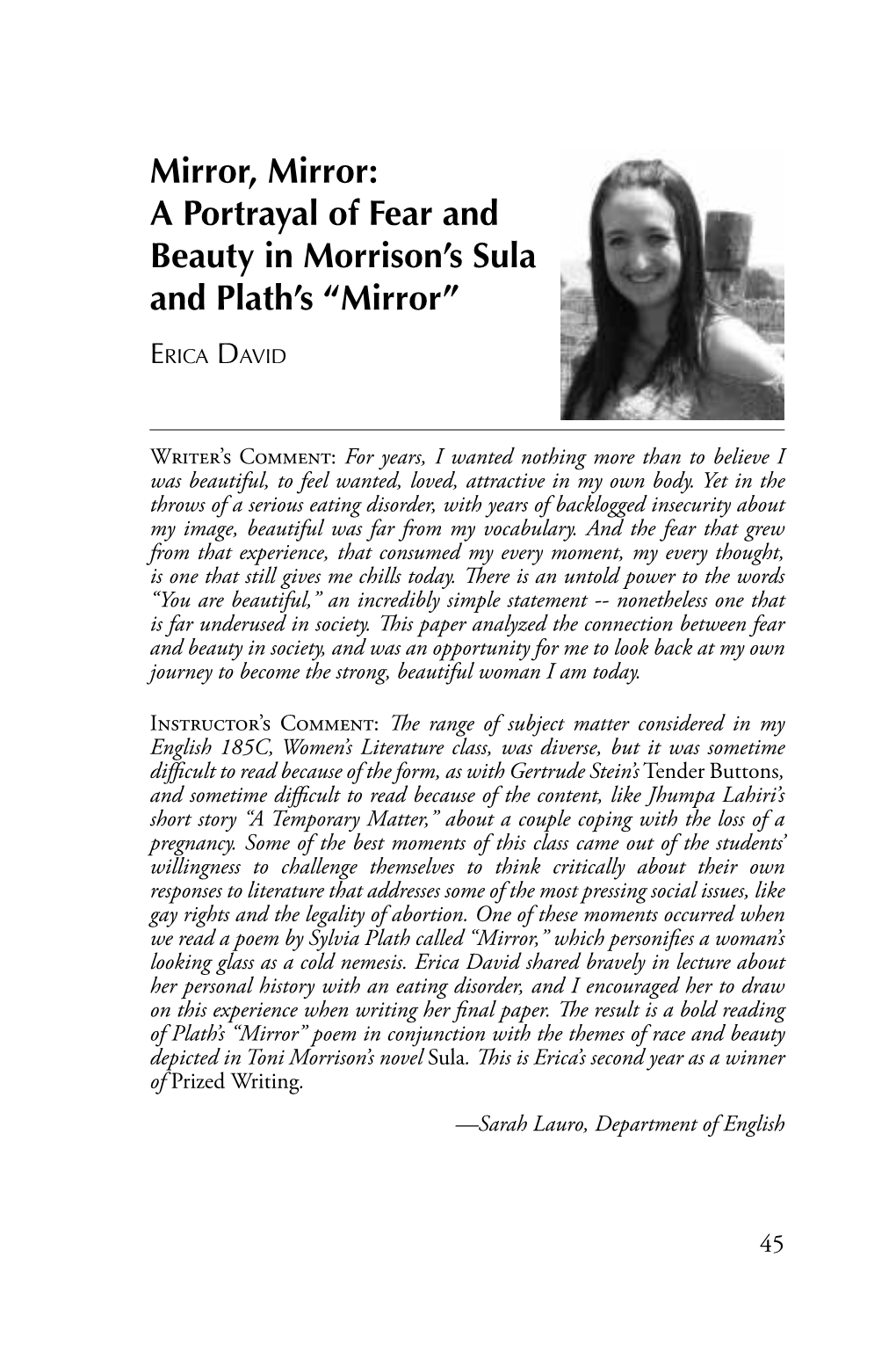 A Portrayal of Fear and Beauty in Morrison's Sula and Plath's “Mirror”