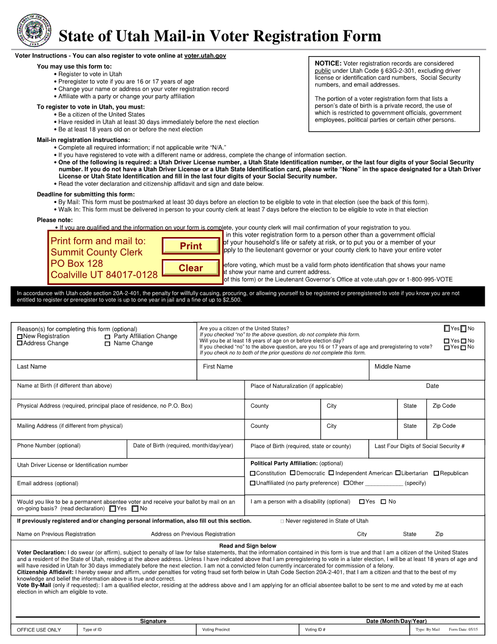 State of Utah Mail-In Voter Registration Form