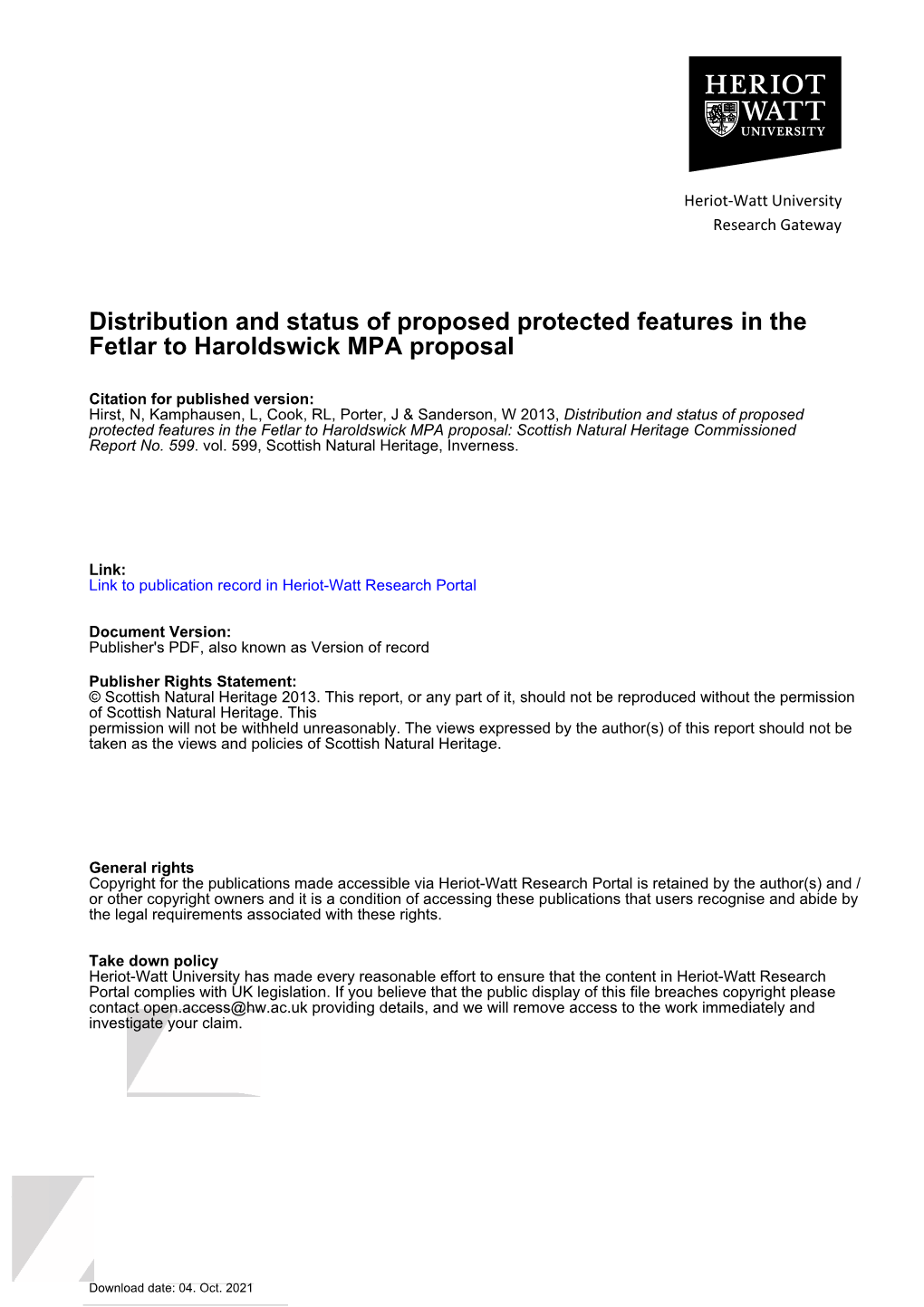 Distribution and Status of Proposed Protected Features in the Fetlar to Haroldswick MPA Proposal