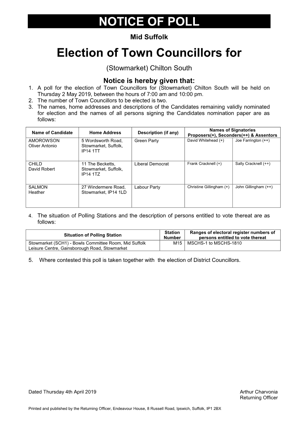 NOTICE of POLL Election of Town Councillors