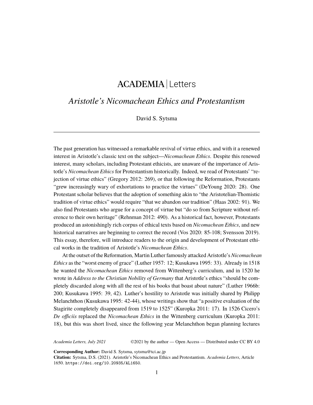 ACADEMIA Letters Aristotle's Nicomachean Ethics and Protestantism