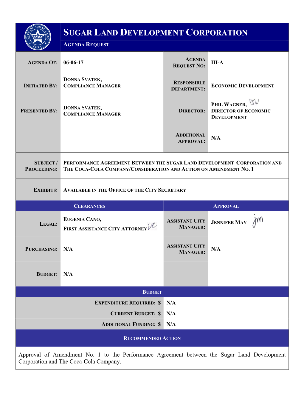 Sugar Land Development Corporation Agenda Request