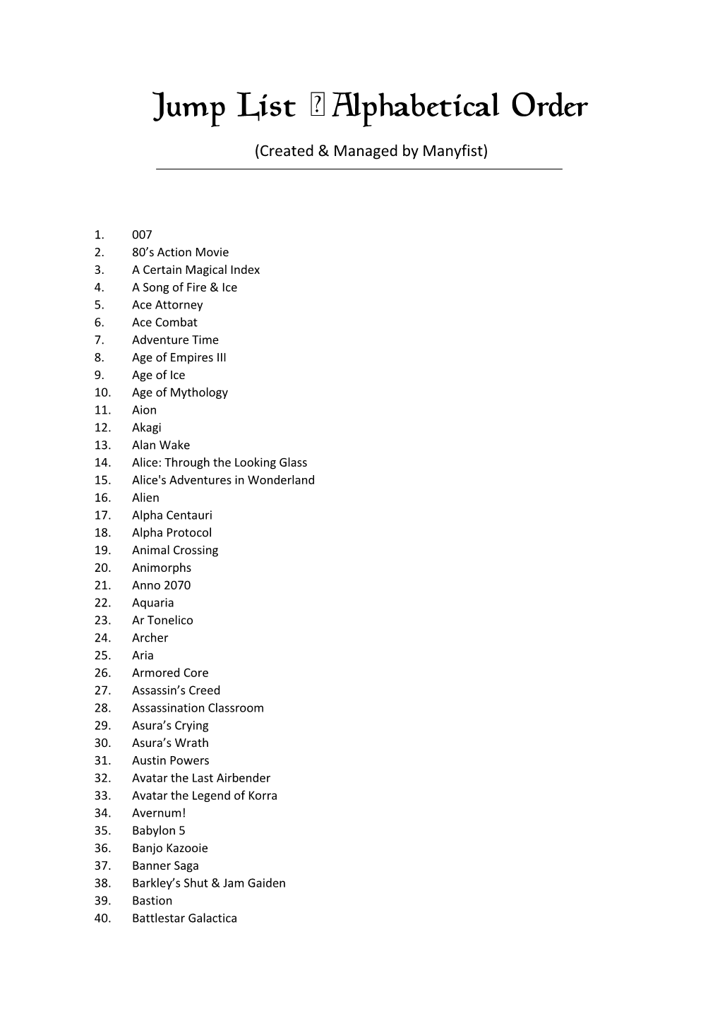 Jump List • Alphabetical Order (Created & Managed by Manyfist)