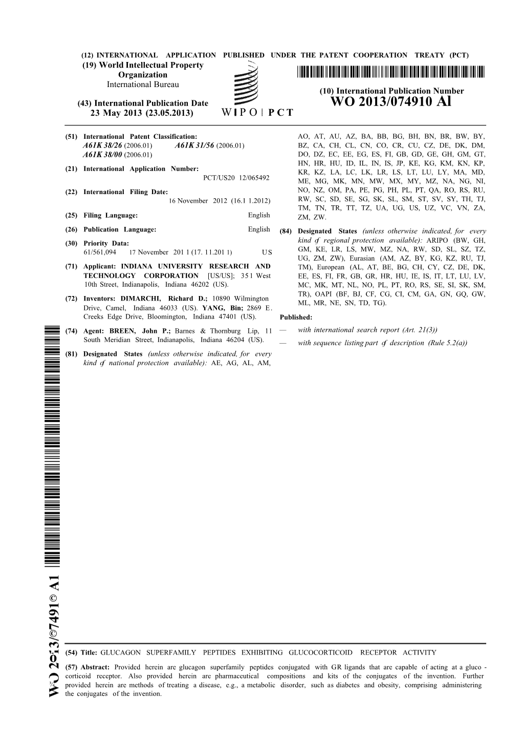 WO 2013/074910 Al 23 May 2013 (23.05.2013) W P O P C T