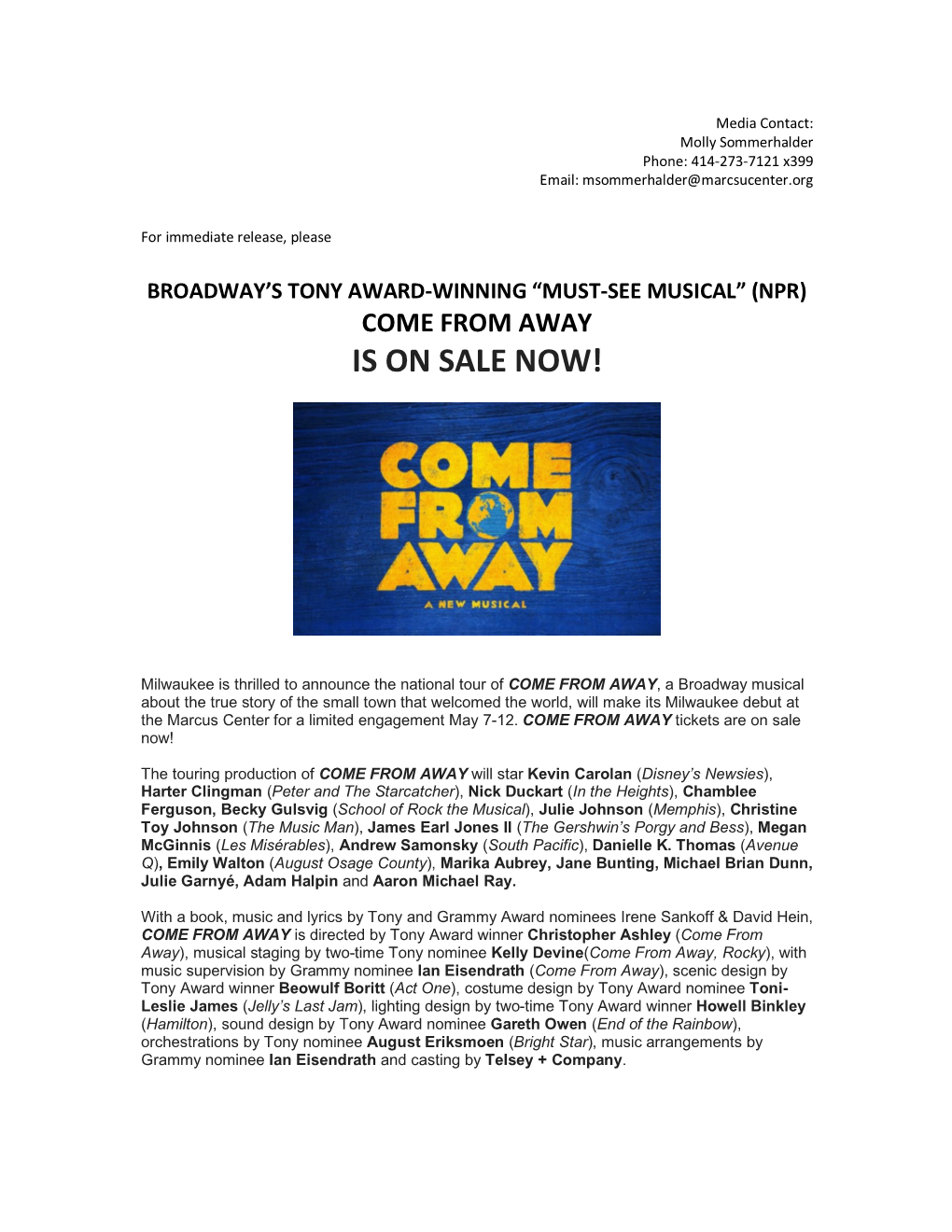 Broadway's Tony Award-Winning Come from Away Is on Sale Now!