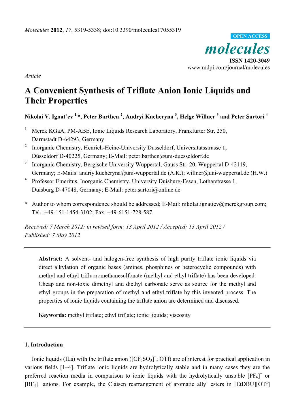 A Convenient Synthesis of Triflate Anion Ionic Liquids and Their Properties