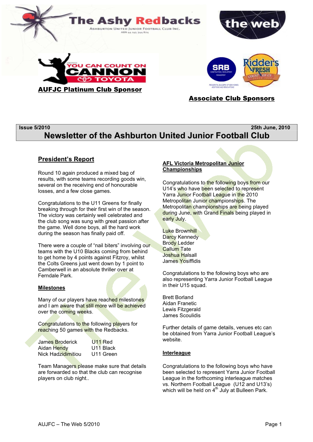 Newsletter of the Ashburton United Junior Football Club